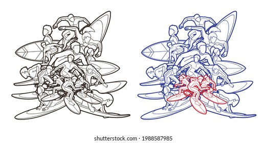 Surfer Action Group of Surfing Sport Man and Woman Players Cartoon Graphic Vector