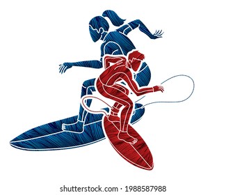 Surfer Action Group of Surfing Sport Man and Woman Players Cartoon Graphic Vector