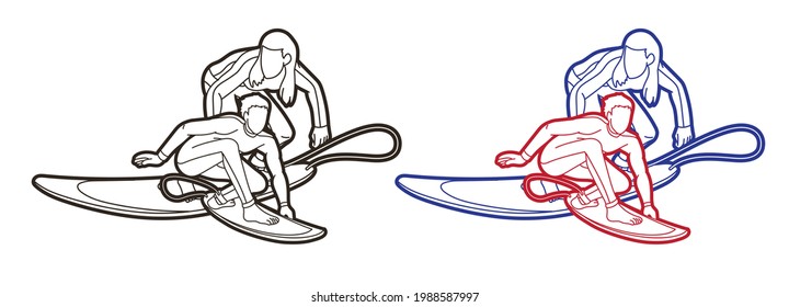 Surfer Action Group of Surfing Sport Man and Woman Players Cartoon Graphic Vector