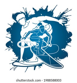 Surfer Action Group of Surfing Sport Man and Woman Players Cartoon Graphic Vector