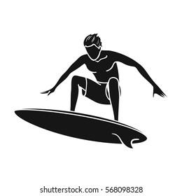 Surfer in action icon in black style isolated on white background. Surfing symbol stock vector illustration.