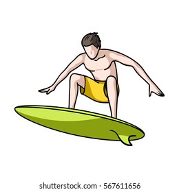 Surfer in action icon in cartoon style isolated on white background. Surfing symbol stock vector illustration.