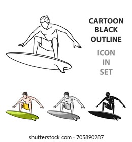 Surfer in action icon in cartoon style isolated on white background. Surfing symbol stock vector illustration.