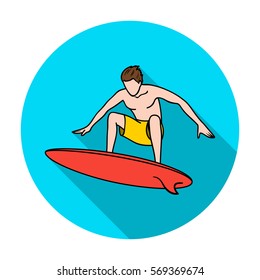 Surfer in action icon in flat style isolated on white background. Surfing symbol stock vector illustration.