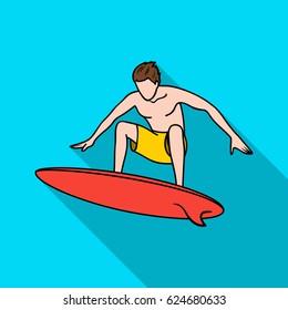 Surfer in action icon in flate style isolated on white background. Surfing symbol stock vector illustration.