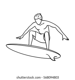 Surfer in action icon in outline style isolated on white background. Surfing symbol stock vector illustration.