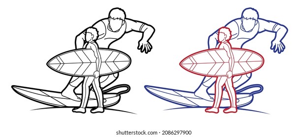 Surfer Action Surfing Sport Players Cartoon Graphic Vector