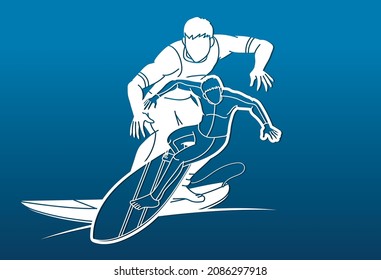 Surfer Action Surfing Sport Players Cartoon Graphic Vector