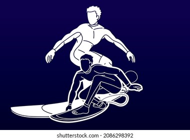 Surfer Action Surfing Sport Players Cartoon Graphic Vector