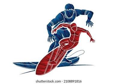 Surfer Action Surfing Sport Players Cartoon Graphic Vector