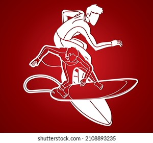 Surfer Action Surfing Sport Players Cartoon Graphic Vector