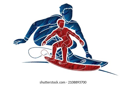 Surfer Action Surfing Sport Players Cartoon Graphic Vector
