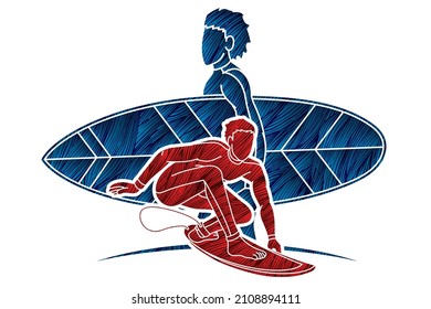 Surfer Action Surfing Sport Players Cartoon Graphic Vector