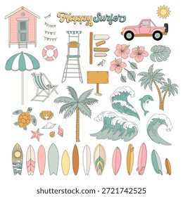 Surfer Aesthetic Summer Beach Elements Set with Palm Trees Waves Surfboards and Tropical Coastal Icons