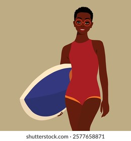 Surfer afro black woman in elegant art style vector