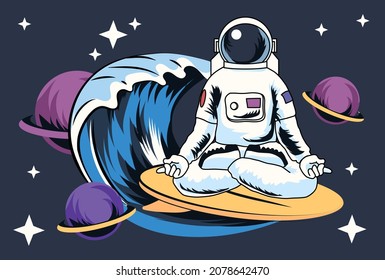 Surfer astronaut concept. Calm metaphor, character sitting in lotus position. Adventure, travel, exploration of new galaxies, stars. Spaceman, cosmic, artwork. Cartoon flat vector illustration