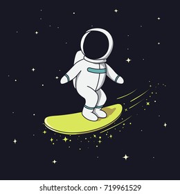 Astronauta surfista volando en la tabla de surf.Dibujo de dibujo.Ilustración infantil vectorial