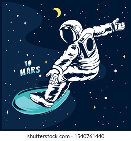 Surfer astronaut  in space, vector illustration.Astronaut and surfboard drawing.Fun t-shirt design for kids.