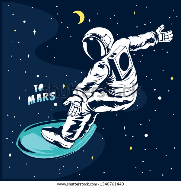 宇宙にいるサーファー宇宙飛行士 ベクターイラスト 宇宙飛行士とサーフボードのドローイング 子ども向けの楽しいtシャツデザイン のベクター画像素材 ロイヤリティフリー