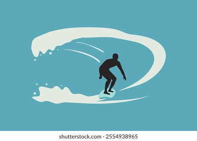 Surfer balancing on a surfboard. Beach sport activity. Big wave of ocean water.