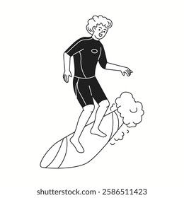 A surfer balancing on a surfboard while riding a big ocean wave, illustrated in a bold black and white doodle-style with dynamic movement.