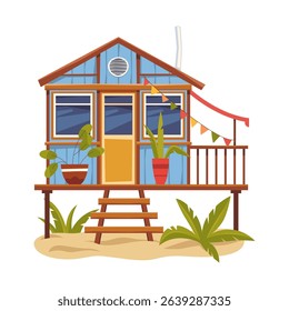 Surfer or beach house. Vector summer hut or sea, ocean shore bungalow. Marine tropical architecture. Seaside or marine resort. Summerhouse on island outdoor. Adventure and holiday, vacation element.