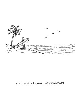 Surfer at the beach with palm tree and birds simple line art illustration