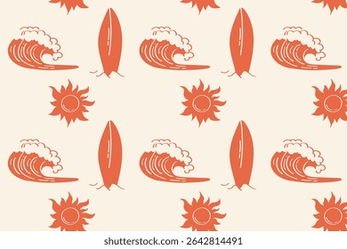 Padrão de praia de surfista com sol retrô, ondas e pranchas de surfe em estilo de verão sem costura
