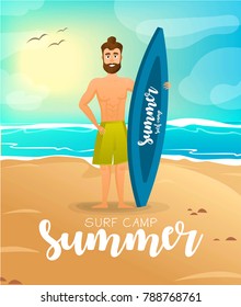 Surfer at the beach. Vector cartoon character. Healthy and fitness.  EPS 10 vector illustration