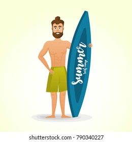 Surfer at the beach. Vector cartoon character. Healthy and fitness. Body template for design work.  EPS 10 vector illustration
