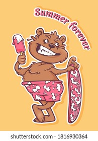 Surfer bear with ice cream. T-shirt graphic design.
Vector illustration for t-shirt prints, sticker, poster and other uses.