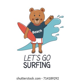 Surfer Bear with Surf Board and Waves