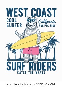 Surfer bear vector illustration. California theme graphics for t-shirt prints and other uses.