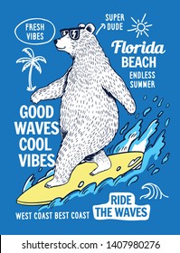 Surfer bear vector illustration, for t-shirt prints, posters and other uses.