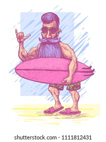 Surfer with a beard, a mustache, sunglasses and a surfboard. Vector Illustration.