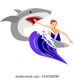 The surfer is being chased by a shark in a flat style. Vector illustration of a cartoon character. The concept of an andernaline-inducing extreme sports style, perfect for poster or, t-shirt designs