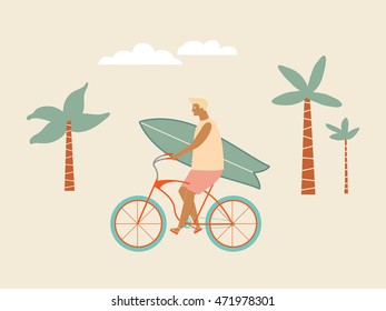 Surfer Bicycle Rider With Surfboard On The Beach. Funny Cartoon Character Young Man Riding A Bike. 