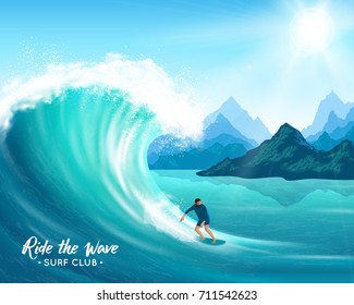 Surfer and big ocean wave on rocks background, sun and blue sky, natural landscape vector illustration