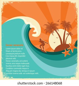 Surfer and big sea wave tropical island.Vector old poster background for text