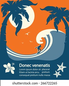 Surfer and big sea wave tropical island.Vector poster background for text