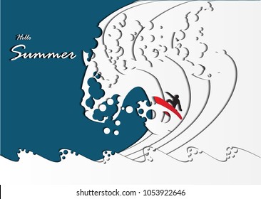 Surfer with big wave paper cut style, Digital craft for summer season, Eps 10 vector