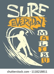 Surfer and big wave. T-shirt design, vector print