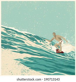 Surfer and big wave. vector illustration. grunge effect in separate layer. 