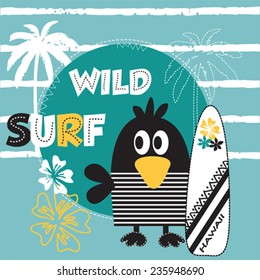 surfer bird on the beach striped background vector illustration