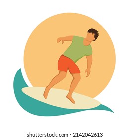 surfer and blue waves, vector icon 