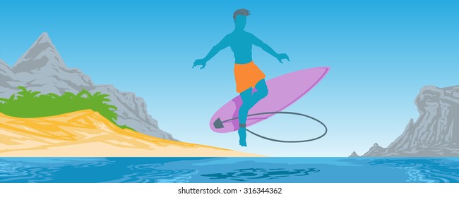 surfer with board on a background of the island beach, blue sky, mountain