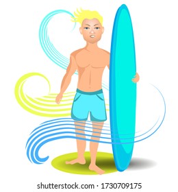 surfer with a Board. swimming in the sea on the waves. cartoon funny character in shorts. the boy on the beach.vector illustration of a man on a white background.