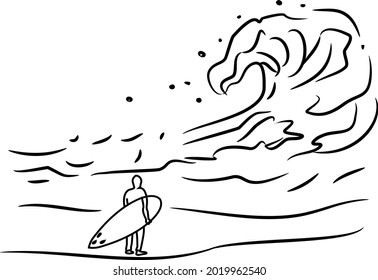 surfer with board watching big wave- simple outline drawing