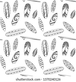 Surfer boards pattern. Surfing abstract surfboards background. Adult coloring book page. Black and white festive surf summer wallpapers.