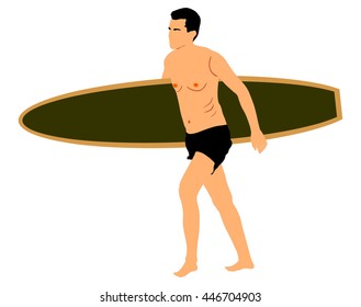 Surfer boy with board in hand vector illustration isolated on white background. Handsome lifeguard man walking with a surf board across the sea shore. Beach boy sport activity.